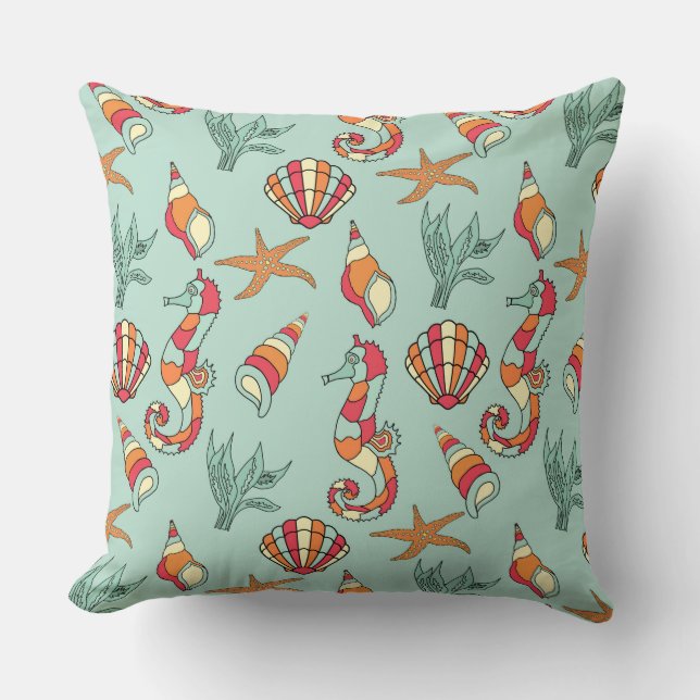 Seahorse and Seashell Pattern Teal Throw Pillow (Front)