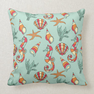 Seahorse and Seashell Pattern Teal Throw Pillow
