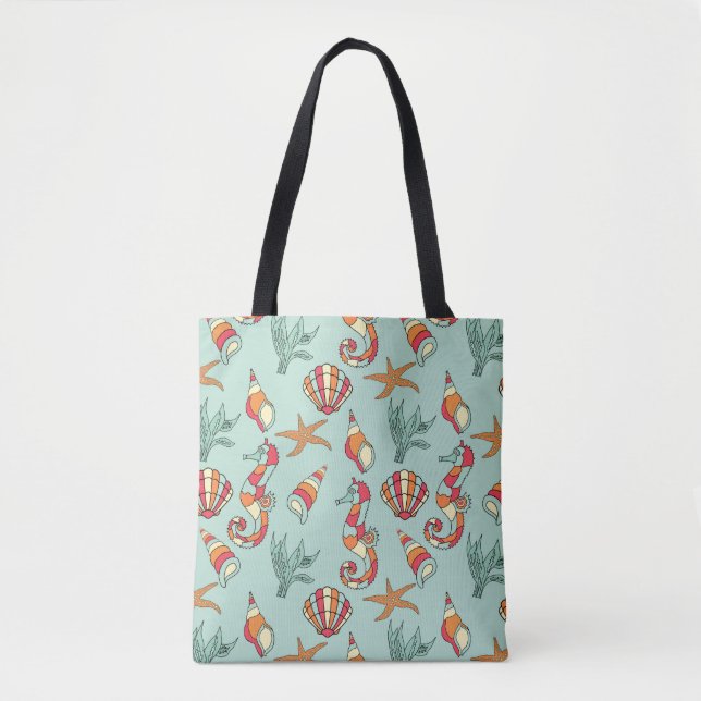 Seahorse and Seashell Pattern Tote Bag (Front)