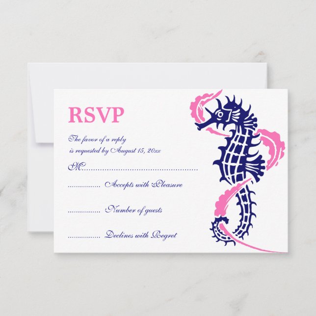 Seahorse and seaweed blue, hot pink wedding RSVP (Front)