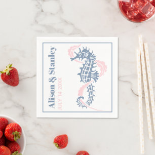 Seahorse and seaweed dusty blue and blush wedding napkin