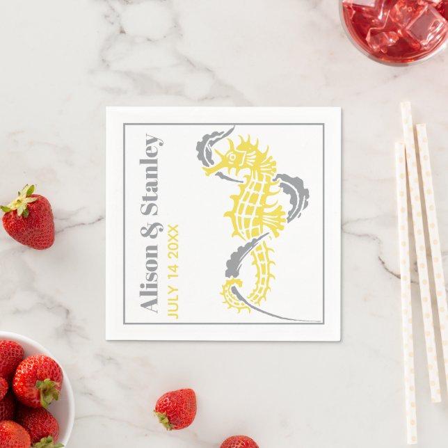 Seahorse and seaweed grey and yellow wedding napkin (Insitu)