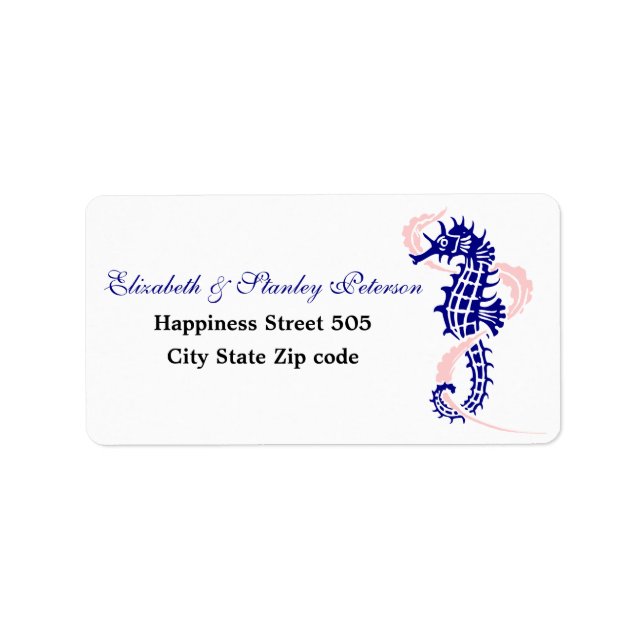 Seahorse and seaweed navy blue, pink wedding label (Front)