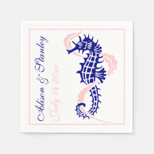 Seahorse and seaweed navy blue, pink wedding napkin