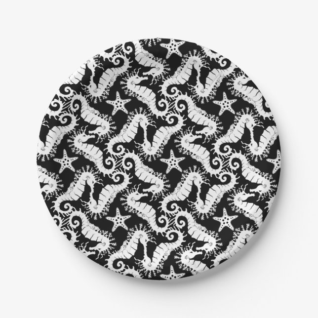 Seahorse and Starfish - Black and White Pattern Paper Plate (Front)