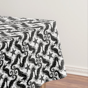 Seahorse and Starfish - Black and White Pattern Tablecloth
