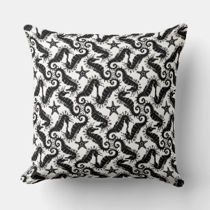 Seahorse and Starfish - Black and White Pattern Throw Pillow