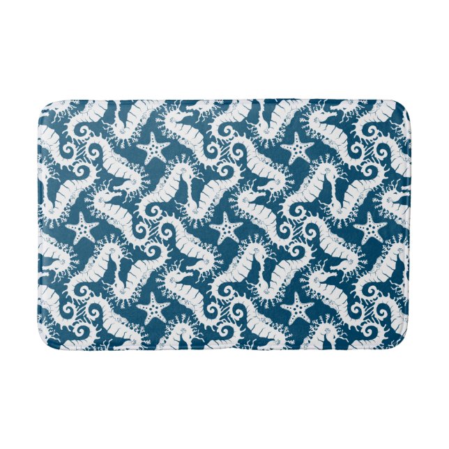 Seahorse and Starfish - Blue Sealife Pattern Bath Mat (Front)