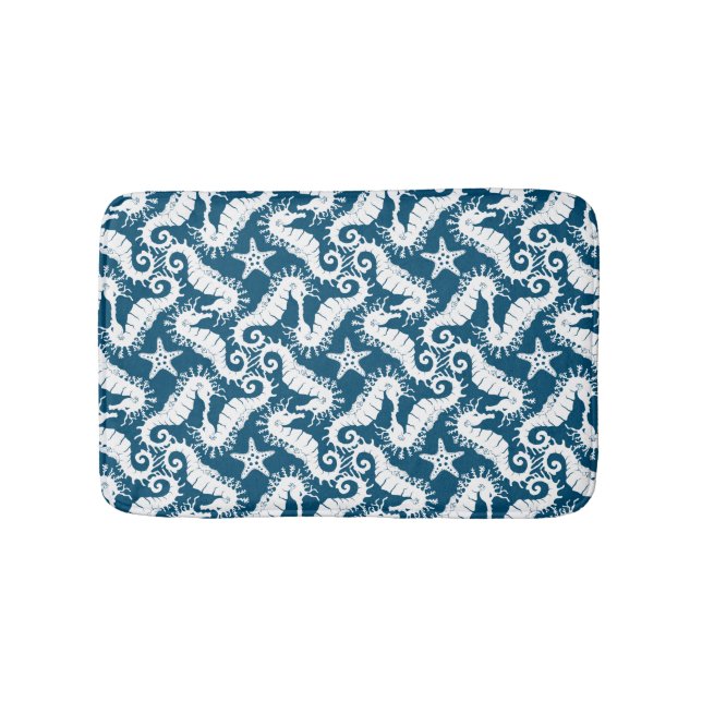 Seahorse and Starfish - Blue Sealife Pattern Bath Mat (Front)