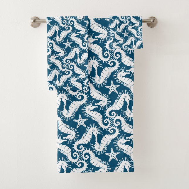 Seahorse and Starfish - Blue Sealife Pattern Bath Towel Set (Insitu)