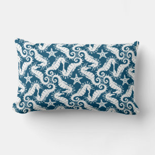 Seahorse and Starfish - Blue Sealife Pattern Lumbar Pillow
