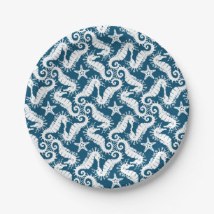 Seahorse and Starfish - Blue Sealife Pattern Paper Plate