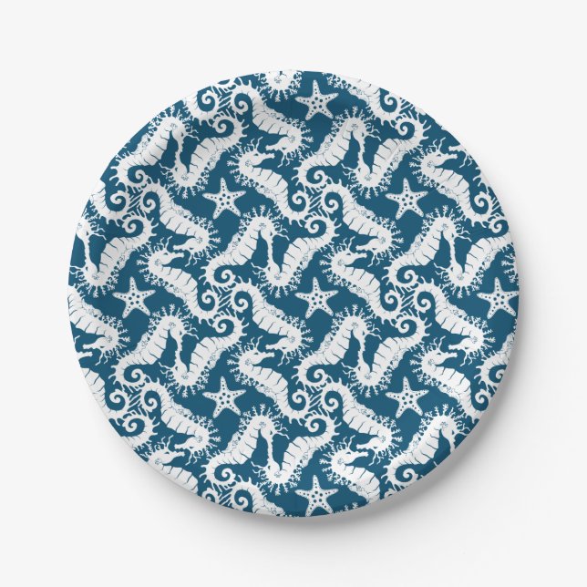 Seahorse and Starfish - Blue Sealife Pattern Paper Plate (Front)
