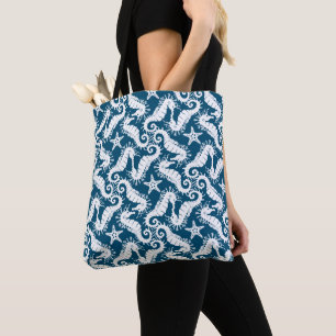 Seahorse and Starfish - Blue Sealife Pattern Tote Bag