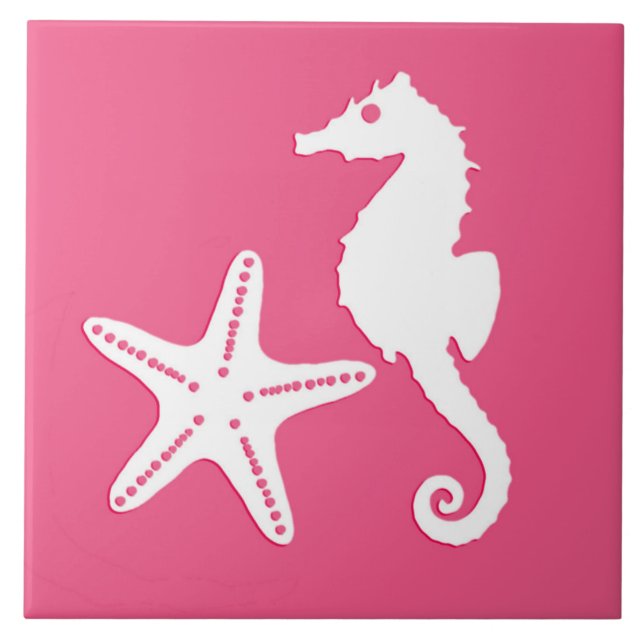 Seahorse and starfish - Coral Pink and White Tile (Front)