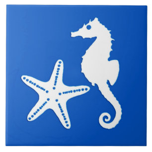 Seahorse and starfish - white on cobalt blue tile