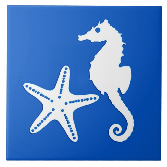 Seahorse and starfish - white on cobalt blue tile (Front)