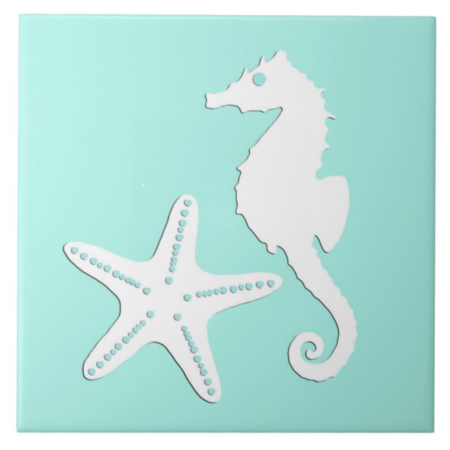 Seahorse and starfish - white on pale aqua tile (Front)