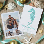 Seahorse Aqua Blue Glitter Beach Christmas 3 Photo Holiday Card<br><div class="desc">This coastal themed Christmas card features a cute aqua blue glitter seahorse,  with Merry Christmas script,  and 3 photos on the back. Check out the collection for matching products and other colorways,  or message me through Zazzle Chat if you need a special matching product.</div>