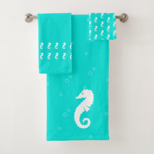 Seahorse Aqua Teal blue and white Bath Towel Set