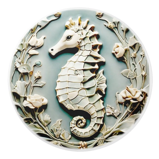 Seahorse Art Nouveau Faux Relief Left facing Mint Ceramic Knob (Front)