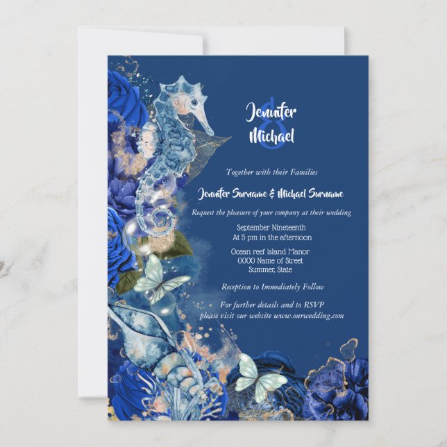 Seahorse beach butterfly blue orange wedding invitation (Front)