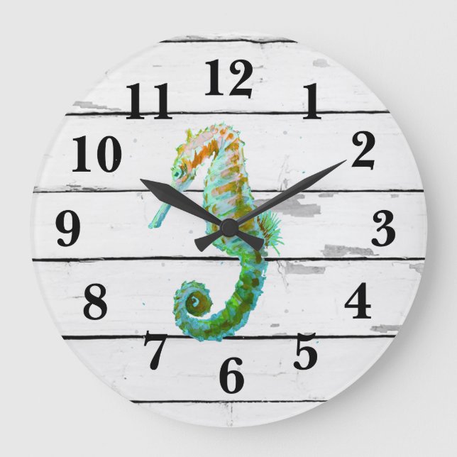 Seahorse Beach Decor Rustic Shiplap Large Clock (Front)