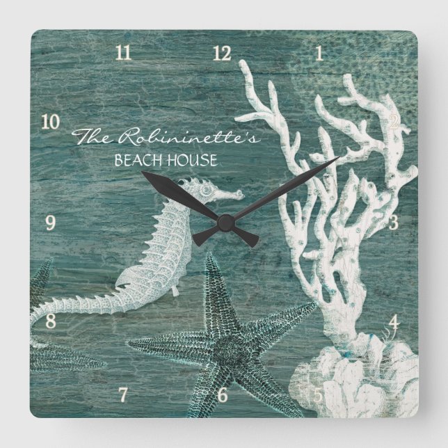 Seahorse Beach House Teal Blue Driftwood Coastal Square Wall Clock (Front)