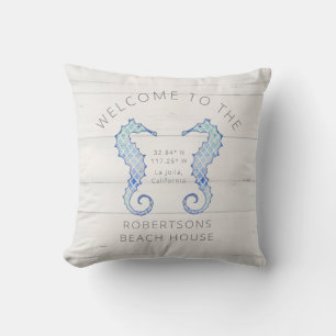 Seahorse Beach Rustic Watercolor Arabesque Pattern Throw Pillow