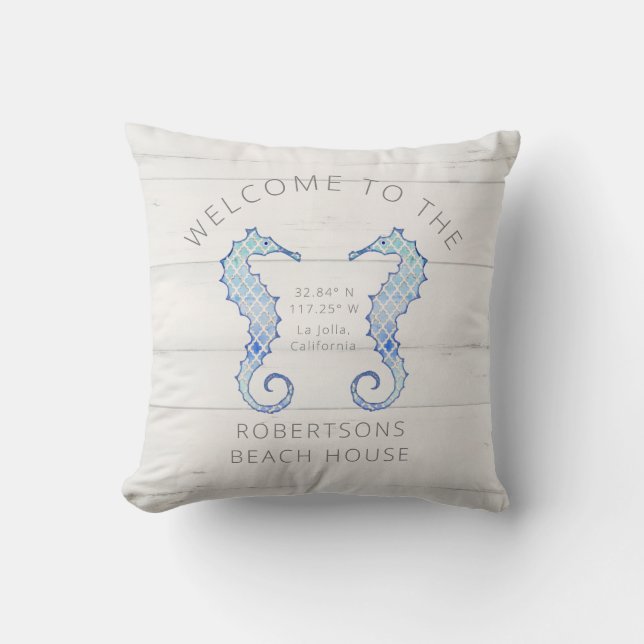 Seahorse Beach Rustic Watercolor Arabesque Pattern Throw Pillow (Front)