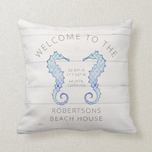 Seahorse Beach Rustic Watercolor Arabesque Pattern Throw Pillow