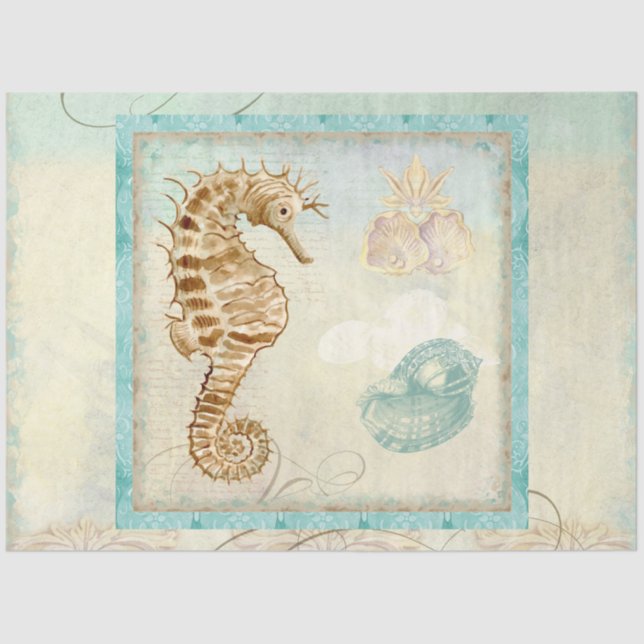 Seahorse Beach Watercolor Ephemera Decoupage Art Tissue Paper (Front)