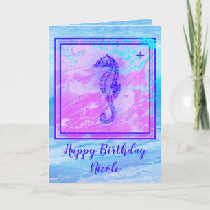 Seahorse Birthday Card with Wave Background