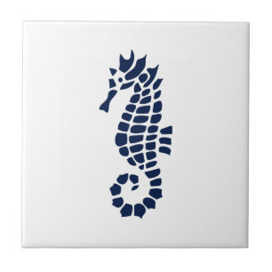 Seahorse Blue and White Coastal Ceramic Tile