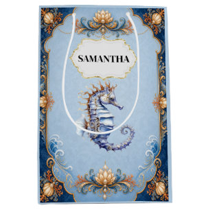Seahorse blue beach theme celebration medium gift bag