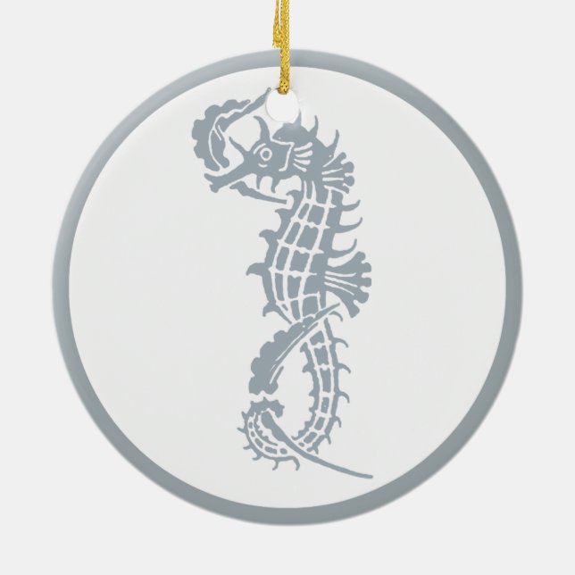 Seahorse Blue Classic Nautical Elegant Ceramic Ornament (Back)