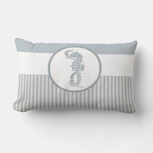 Seahorse Blue Classic Nautical Elegant Lumbar Pillow (Front)