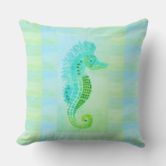Seahorse Blue Green Pattern Marine Throw Pillow (Front)