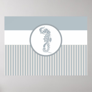 seahorse blue stripe beach house poster