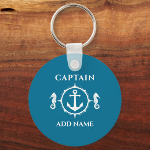 Seahorse Boat Anchor Captain Name Photo Back Aqua Keychain