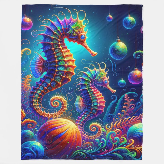 “Seahorse Christmas Fantasy” Fleece Blanket (Front)