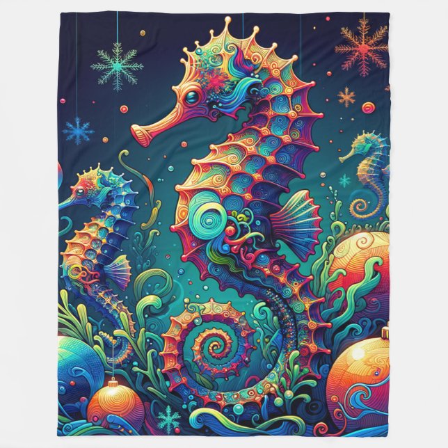 “Seahorse Christmas Wonderland” Fleece Blanket (Front)