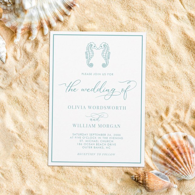 Seahorse Coastal Beach Sea Glass Blue Wedding Invitation (Creator Uploaded)