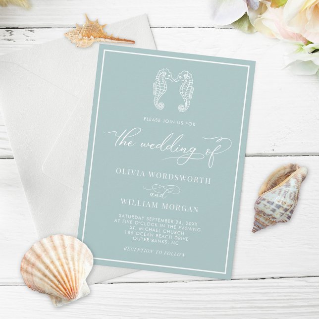 Seahorse Coastal Sea Glass Beach Script Wedding Invitation (Creator Uploaded)