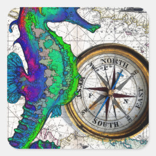 Seahorse Compass Collage Square Sticker
