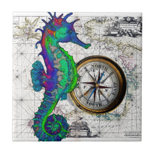 Seahorse Compass Collage Tile