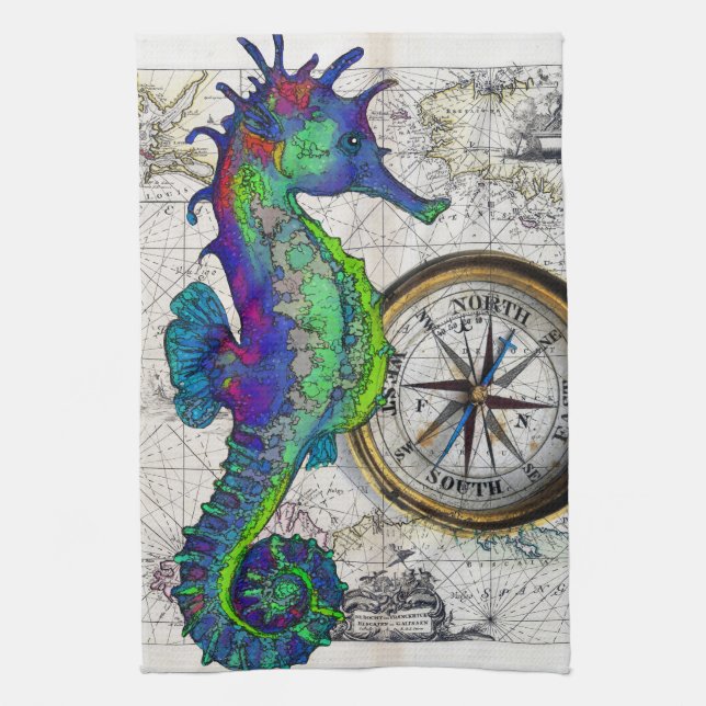 Seahorse Compass Kitchen Towel (Vertical)