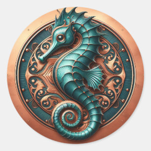 Seahorse Copper and Teal Classic Round Sticker