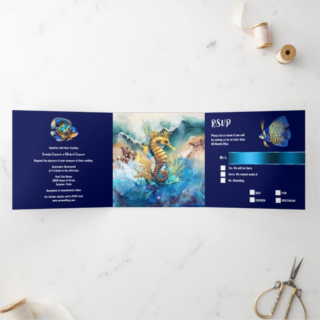 Seahorse coral reef island sea coastal chic Tri-Fold invitation (Inside)