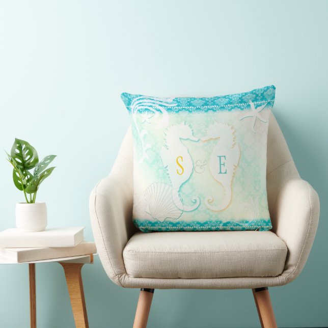 Seahorse Couple Beach House Throw Pillow (Chair)